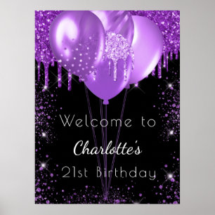 Poster Ballons de bienvenue en noir et paillettes violett
