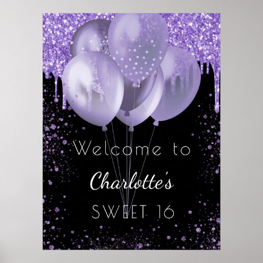 Poster Ballons de bienvenue Sweet 16 violet noir parties  (Devant)