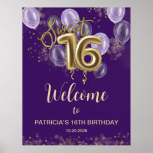 Poster Ballons de fête des 16 ans Gold Sweet avec panneau