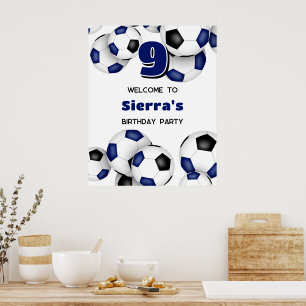 Poster ballons de football noirs bleus pour l'anniversair