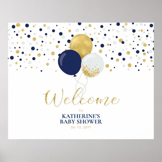 Poster Ballons dorés et navy Fête moderne de bébé Bienven (Devant)