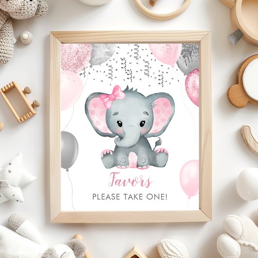 Poster Ballons Eléphants Fille Mignonne Baby shower Faveu