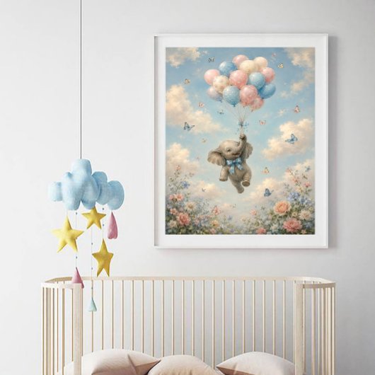 Poster Ballons flottants éléphant bébé