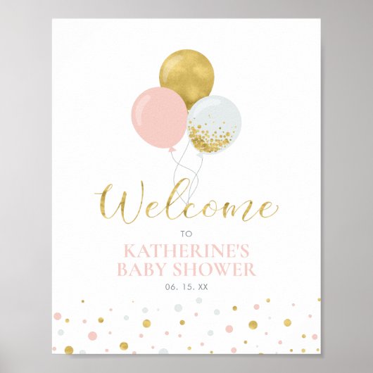 Poster Ballons or et rose | Accueil Baby shower fille (Devant)