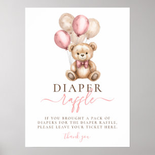 Poster Ballons Ours Teddy Fille Baby shower Déchets Raffl
