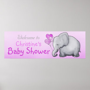 Poster Ballons roses Eléphant Girl Baby shower