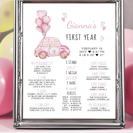 Poster Ballons roses et voiture 1er anniversaire Jalon