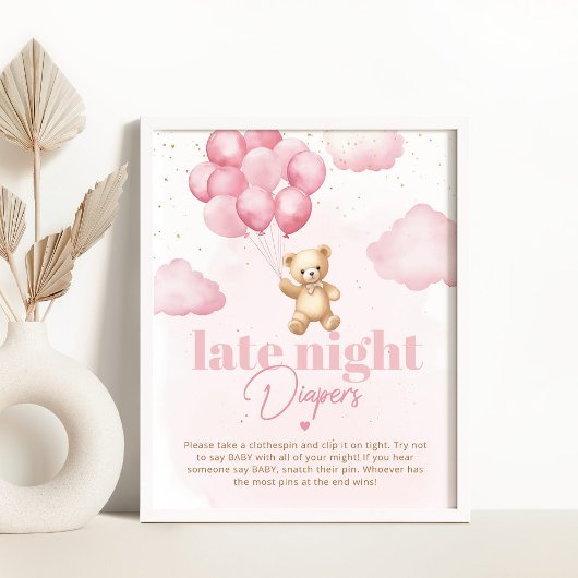 Poster Ballons roses ours en peluche Late couche de nuit