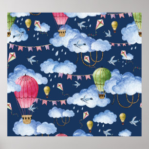 Poster Ballons Whimsical : Motif de nuage d'aquarelle