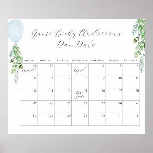 Poster Balloon Eucalyptus Guess Baby Date d'échéance Cale (Devant)