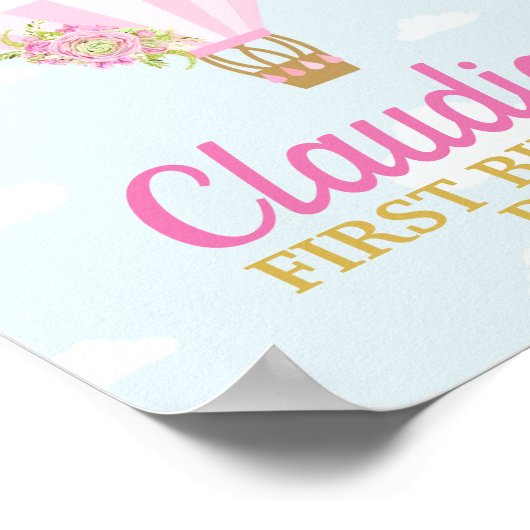 Poster Balloon Rose À Air Chaud Avec Fleurs Roses Anniver (Coin)