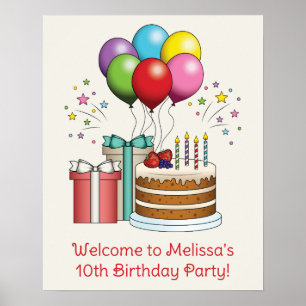 Poster Balloons Colorés D'anniversaire Avec Gâteau Et Cad