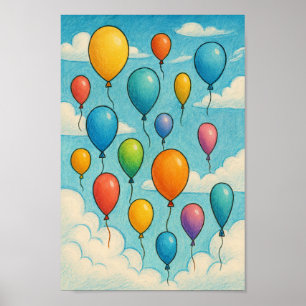 Poster Balloons Colorés Rêveurs Nuages Art Maternité