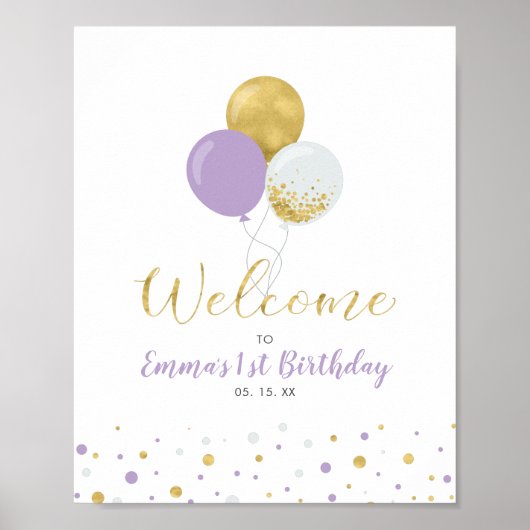 Poster Balloons Gold & Purple Fille 1er anniversaire Bien (Devant)