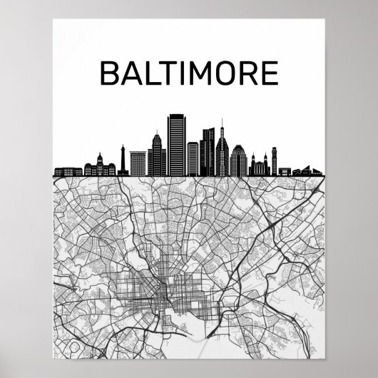 Poster Baltimore Maryland City Skyline avec carte (Devant)