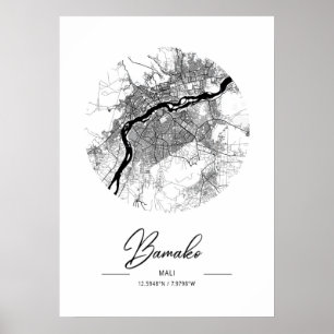 Poster Bamako - Mali Carte de la ville d'eau noire