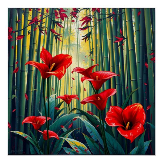Poster bamboo forest with red callas (Devant)