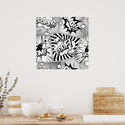 Poster Bande dessinée Pop Art noir et blanc (Cuisine)