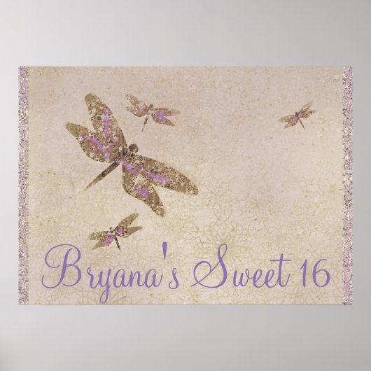Poster Banderole de fête de libellules violettes et dorée (Devant)