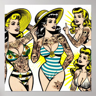 Poster Bandes dessinées de pin-up en bikini tatouées