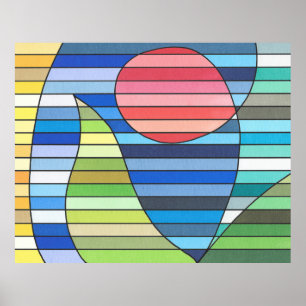 Poster Bandes géométriques avec cercle rouge et courbes v