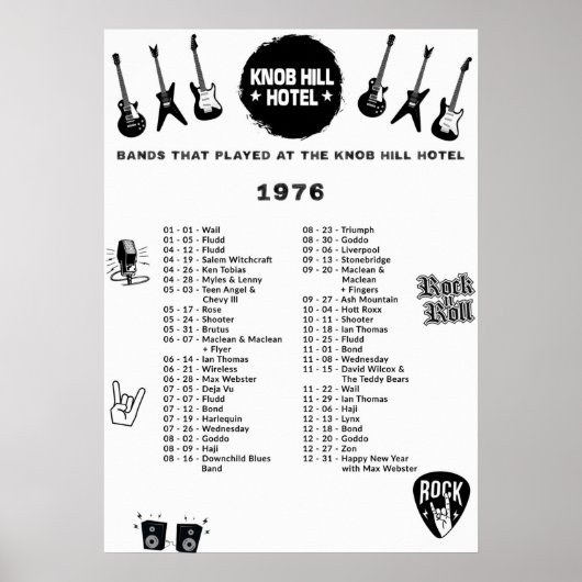 Poster Bandes Qui Ont Joué Au Knob Hill Hotel 1976 (Devant)