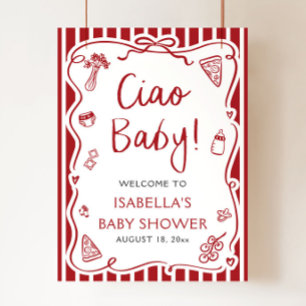 Poster Bandes Rouges Italien Ciao Bébé Baby Shower Bienve