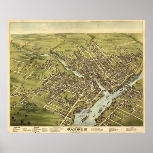 Poster Bangor Maine 1875 Antique Panoramic Map (Devant)