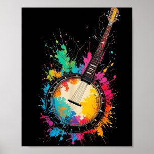 Poster Banjo bluegrass coloré éclaboussures de couleur mu