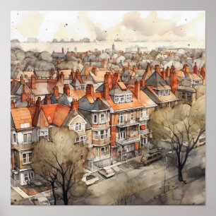 Poster Banlieues de Londres Carré de peinture aquarelle
