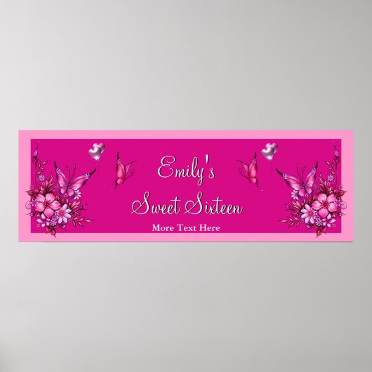 Poster Banner Sweet 16 Fleurs roses Papillon Anniversaire (Devant)