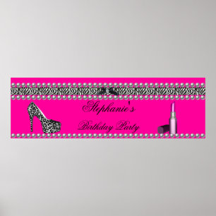 Poster Bannière Anniversaire Hot rose Lipstick Zebra Leop