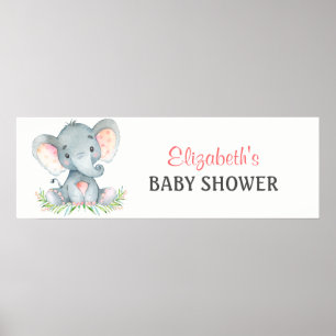 Poster Bannière Baby shower de fille Eléphant Aquarelle