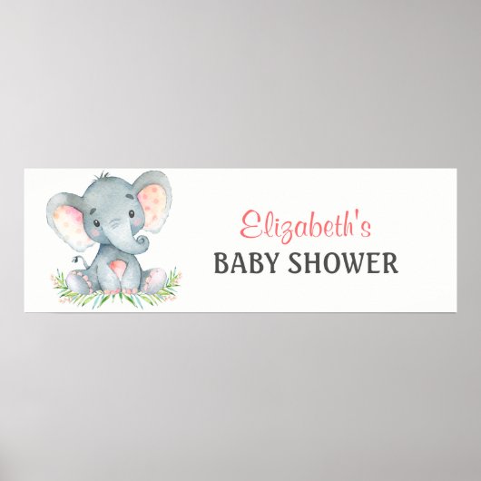 Poster Bannière Baby shower de fille Eléphant Aquarelle (Devant)