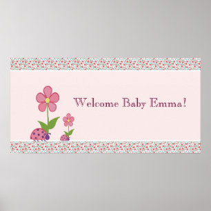 Poster Bannière Baby shower de Ladybugs rose