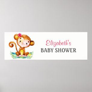 Poster Bannière Baby shower fille singe aquarelle