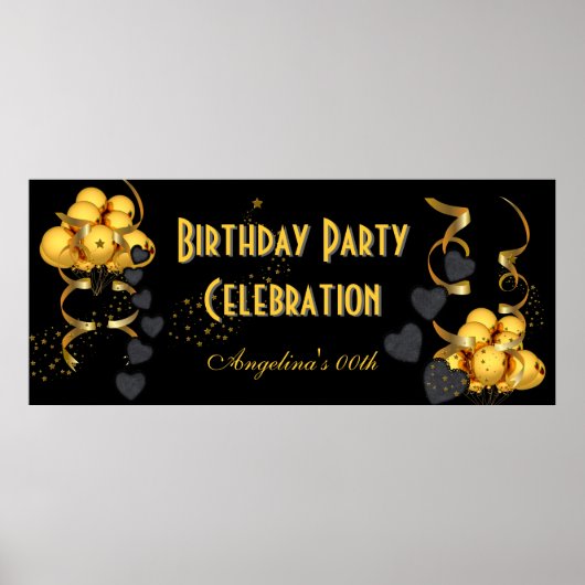 Poster Bannière célébration d'anniversaire noir or (Devant)