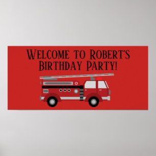 Poster Bannière d'anniversaire de camion de pompiers roug