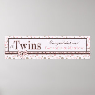 Poster Bannière de Baby shower de points TWINS Rose Taupe