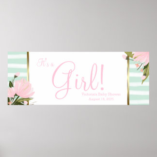 Poster Bannière de Baby Shower Rose et Vert Menthe