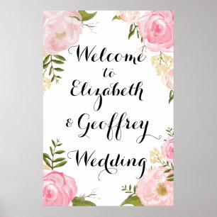 Poster Bannière de Bienvenue de Mariage Florale Rose Vint