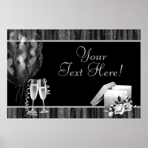 Poster Bannière de fête Champagne à paillettes Noir Blanc