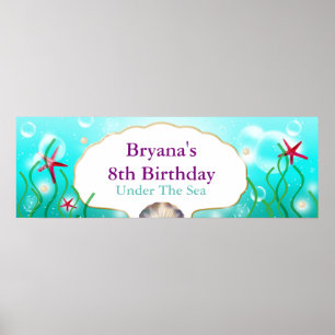 Poster Bannière de fête d'anniversaire de sirène sous la 