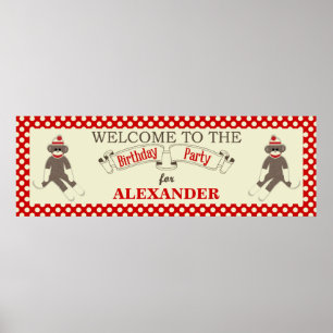 Poster Bannière de fête d'anniversaire de Sock Monkey per