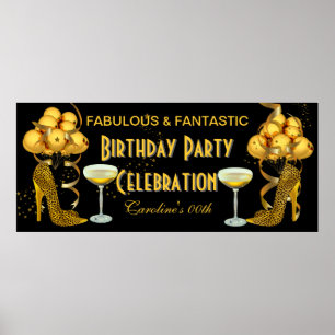 Poster Bannière de fête d'anniversaire Léopard Or
