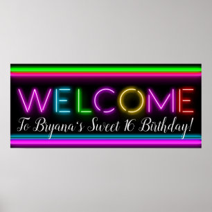 Poster Bannière de fête d'anniversaire néon lumineuse de 