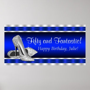 Poster Bannière de fête d'anniversaire Royal Blue Silver 