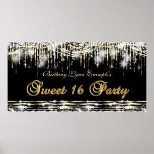 Poster Bannière de fête d'anniversaire Sweet 16 Or Noir