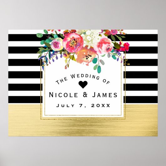 Poster Bannière de mariage glamour floral moderne noir bl (Devant)