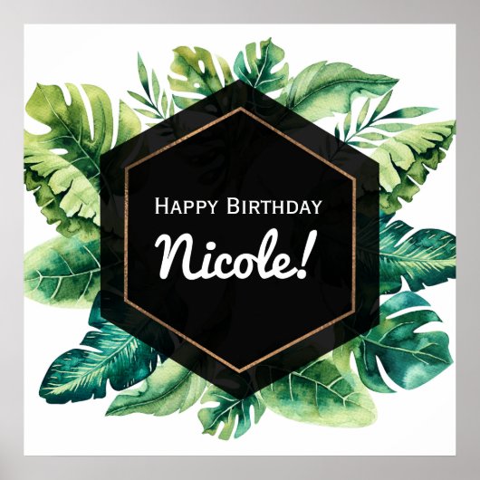 Poster Bannière de mariage noire avec feuilles tropicales (Devant)